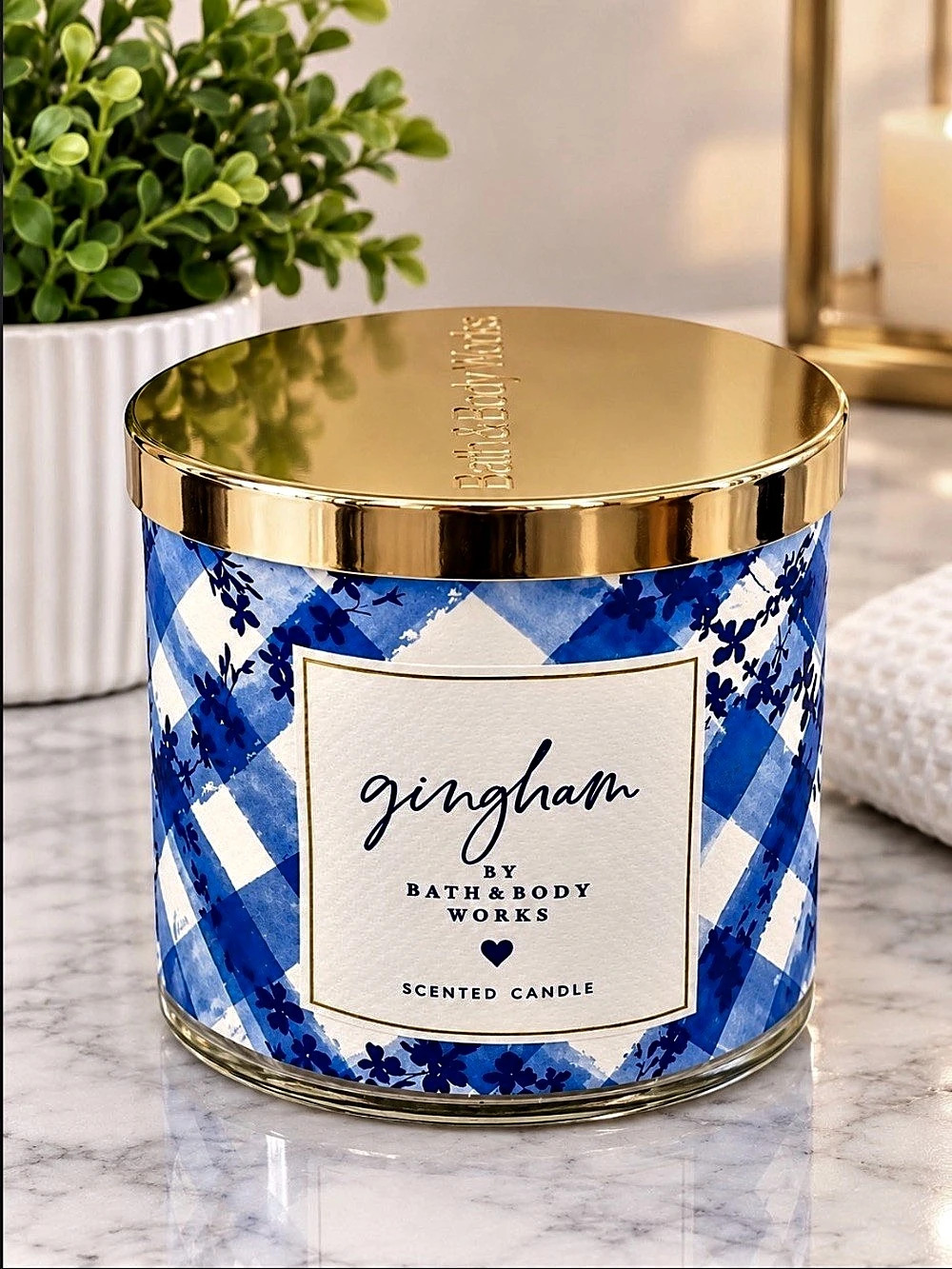 Bath & Body Works Gingham 3-Wick Candle Blue & White